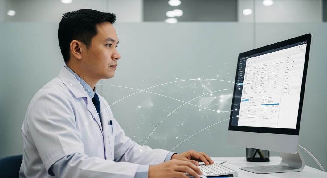 Bác sĩ kê đơn thuốc điện tử trên máy tính tại phòng khám
