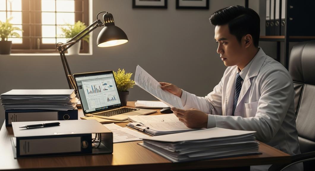 Bác sĩ đang đọc tài liệu tại bàn làm việc trong phòng khám.