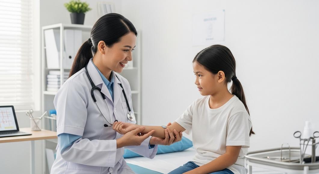 Bác sĩ khám sức khỏe cho bé gái tại phòng khám.