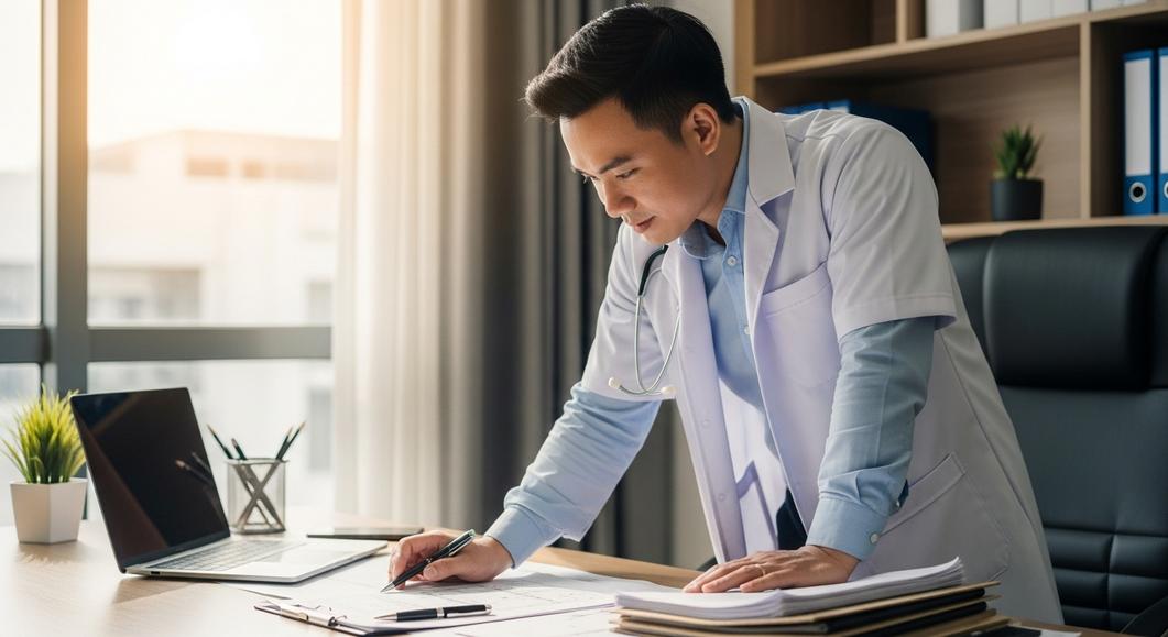 Bác sĩ kiểm tra hồ sơ bệnh án tại phòng khám tư