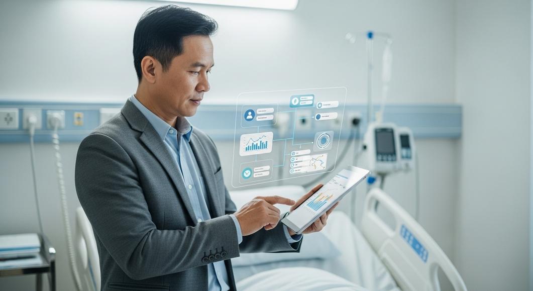 Bác sĩ dùng tablet xem hồ sơ bệnh án điện tử trong bệnh viện.