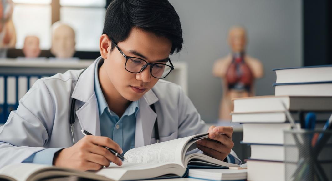 Bác sĩ trẻ đeo kính đọc tài liệu về giấy phép hành nghề y.