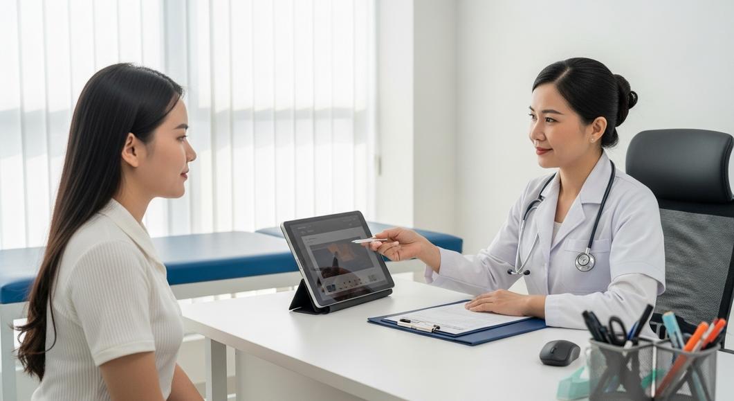 Bác sĩ tư vấn bệnh án điện tử cho bệnh nhân tại phòng khám.