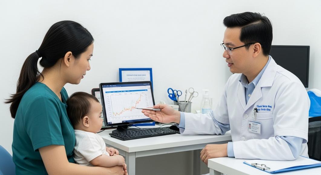Bác sĩ tư vấn biểu đồ tăng trưởng cho mẹ và bé tại phòng khám.