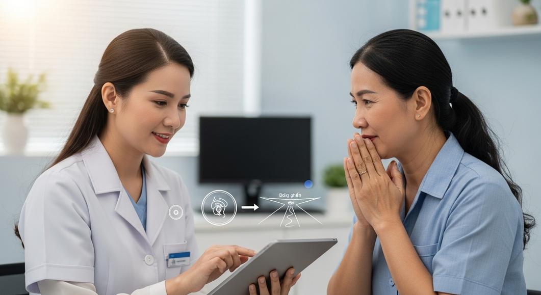 Bác sĩ tư vấn bệnh ung thư vòm họng cho bệnh nhân qua tablet