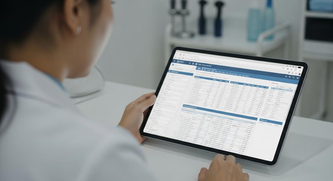 Bác sĩ xem phần mềm quản lý phòng khám trên máy tính bảng.