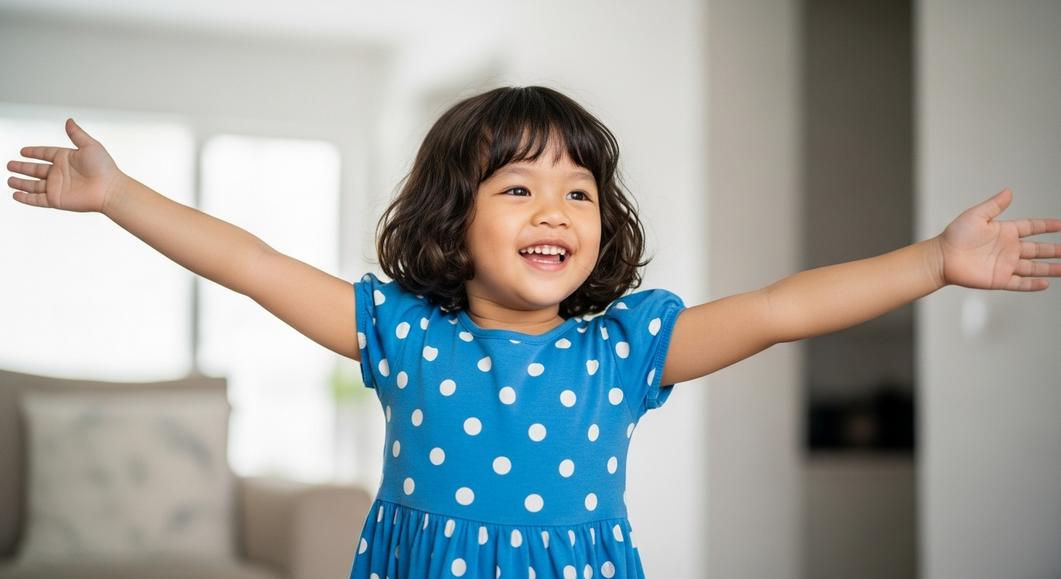 Bé gái 4 tuổi tươi cười, giơ tay vui vẻ học tiếng Anh