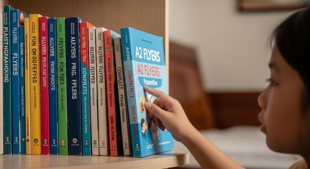 Bé gái chọn sách luyện thi Cambridge A2 Flyers trên kệ sách