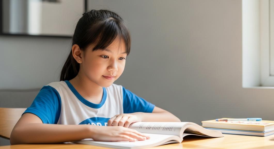 Bé gái châu Á đọc sách chuẩn bị cho kỳ thi Cambridge Flyers.