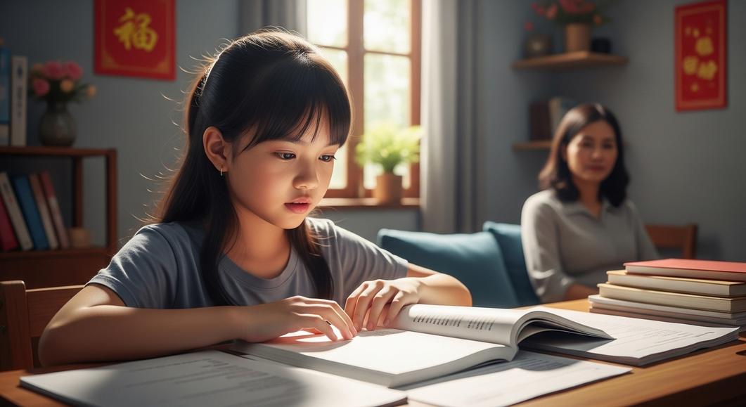 Bé gái châu Á đọc sách, chuẩn bị cho kỳ thi Flyers Cambridge.