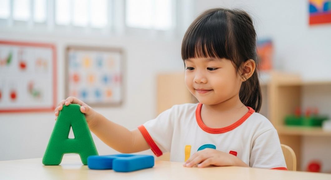 Bé gái mầm non học tiếng Anh với chữ cái A màu xanh lá.