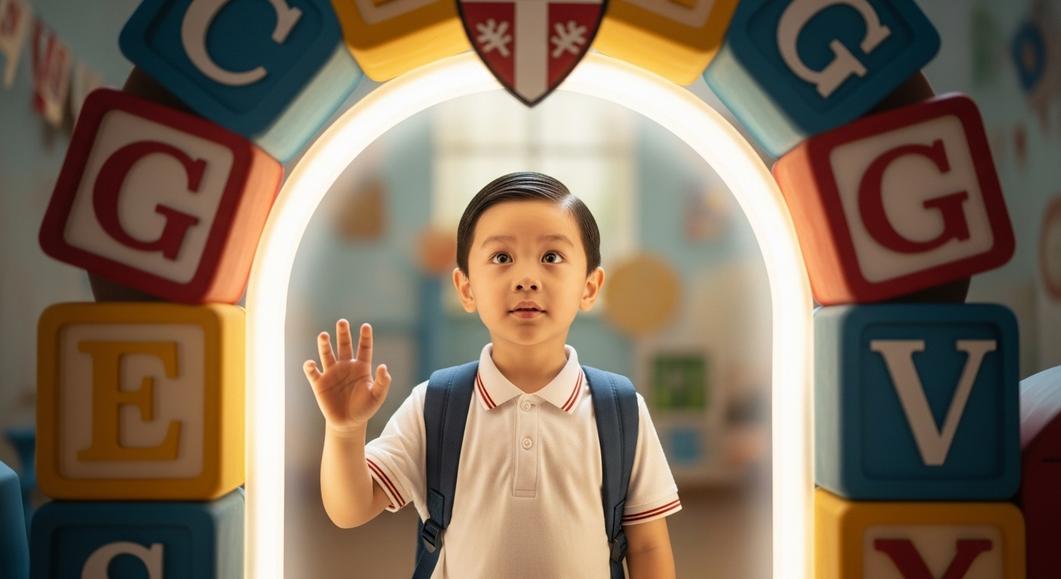 Bé trai vẫy tay chào qua cổng xếp hình chữ cái nhiều màu