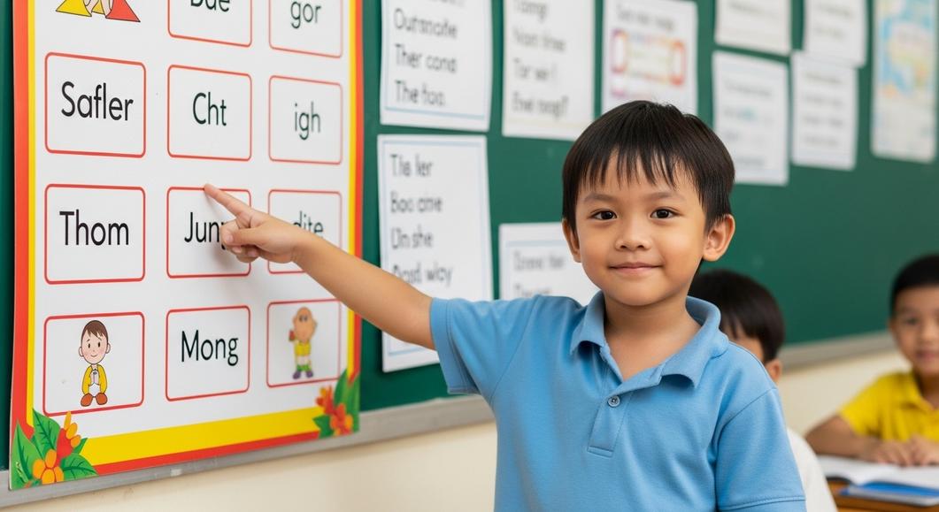 Bé trai chỉ bảng chữ cái tiếng Anh tại lớp học VAIC