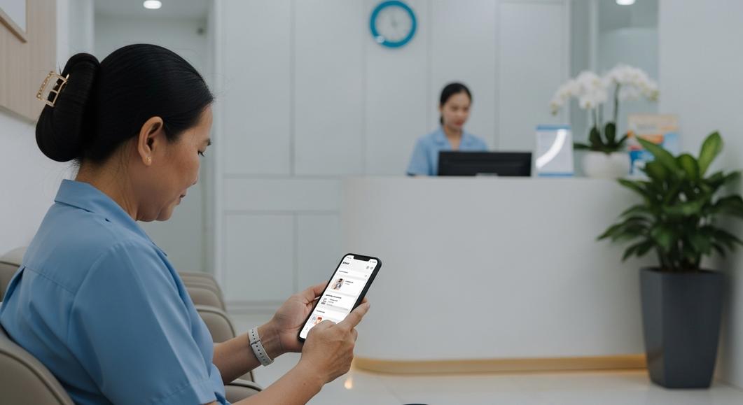 Bệnh nhân đặt lịch khám bệnh online qua app trên điện thoại.