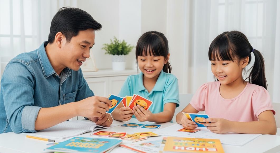 Bố chơi thẻ tiếng Anh cùng hai con gái tại nhà.