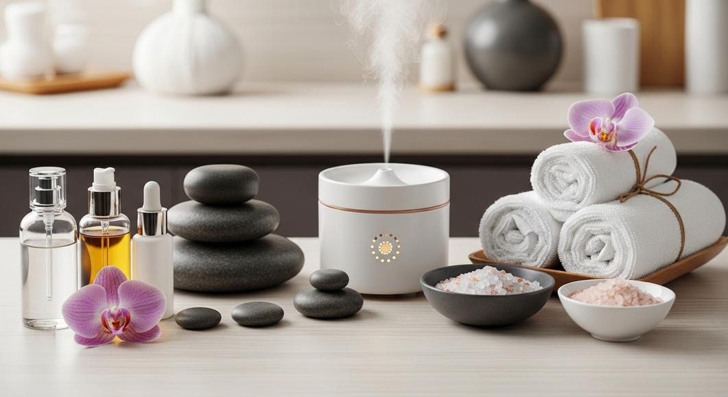 Bộ sản phẩm spa cao cấp: tinh dầu, đá massage, khăn, hoa lan