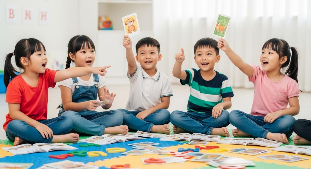 Các bé mẫu giáo học tiếng Anh bằng flashcards vui vẻ
