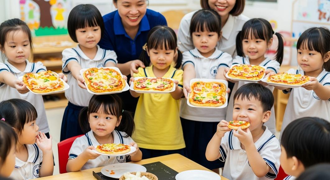 Các bé mầm non VAIC vui vẻ làm và khoe bánh pizza tự làm.