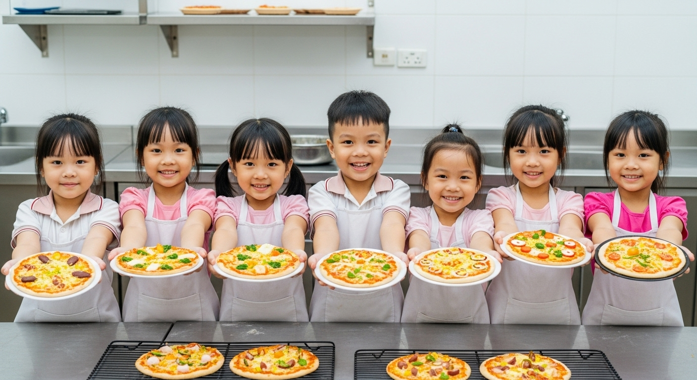 Các bé mẫu giáo VAIC khoe pizza tự làm trong workshop hè 2025.