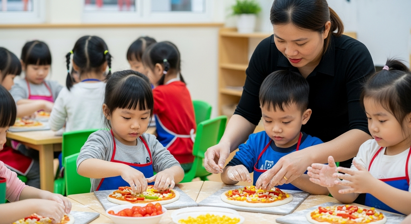 Các bé mẫu giáo đang làm pizza dưới sự hướng dẫn của cô giáo tại VAIC.