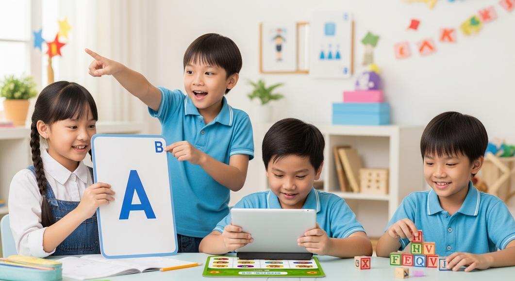 Các em học sinh tiểu học vui vẻ học tập trong lớp.