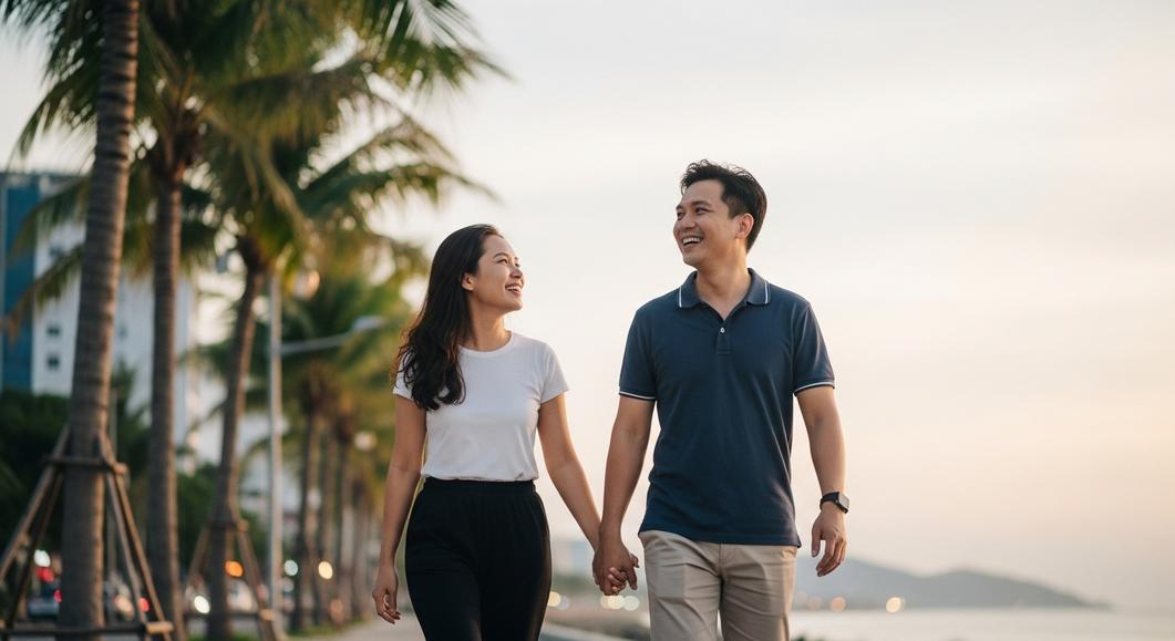 Cặp đôi người châu Á nắm tay đi dạo biển Nha Trang hoàng hôn.