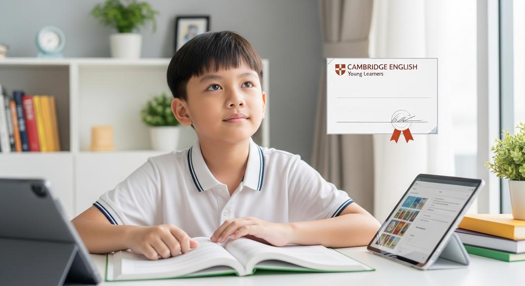 Cậu bé học tiếng Anh Flyers tại nhà với sách và máy tính bảng.