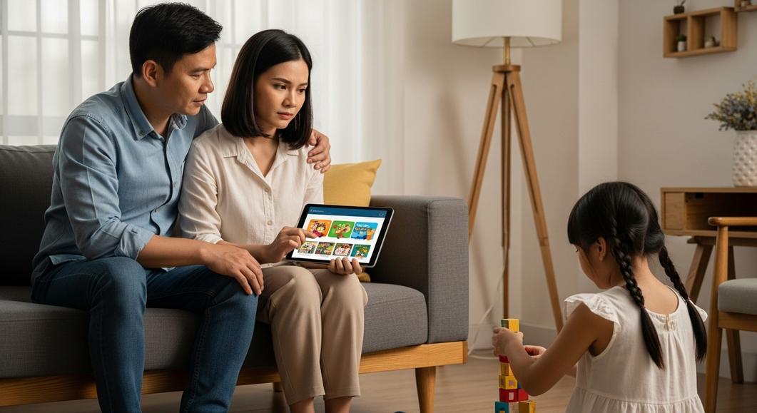 Cha mẹ và con gái học tiếng Anh trên tablet tại nhà.