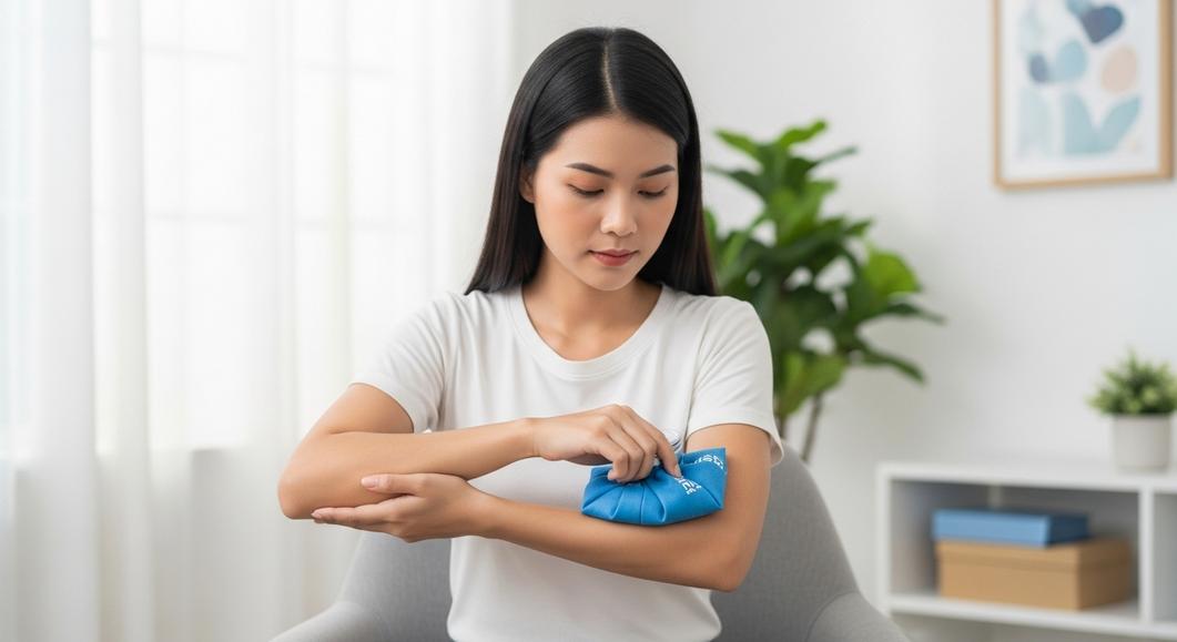 Chườm đá vào khuỷu tay giúp giảm đau viêm điểm bám gân