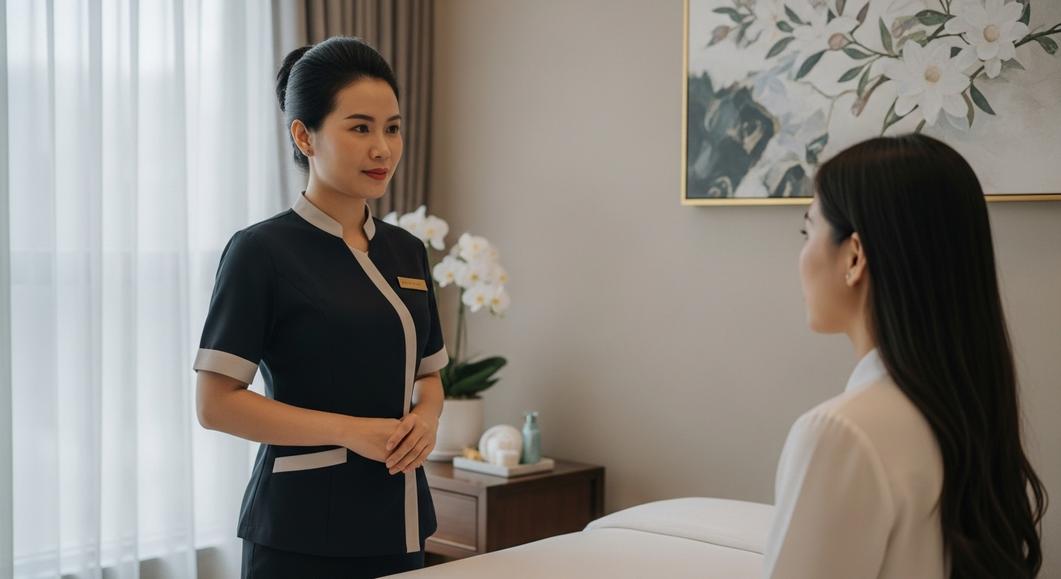 Chuyên viên spa tư vấn cho khách hàng trước liệu trình