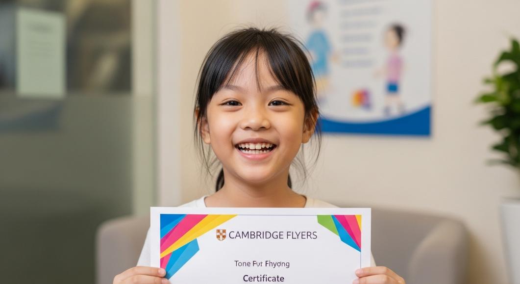 Cô bé Việt Nam tươi tắn cầm chứng nhận Cambridge Flyers