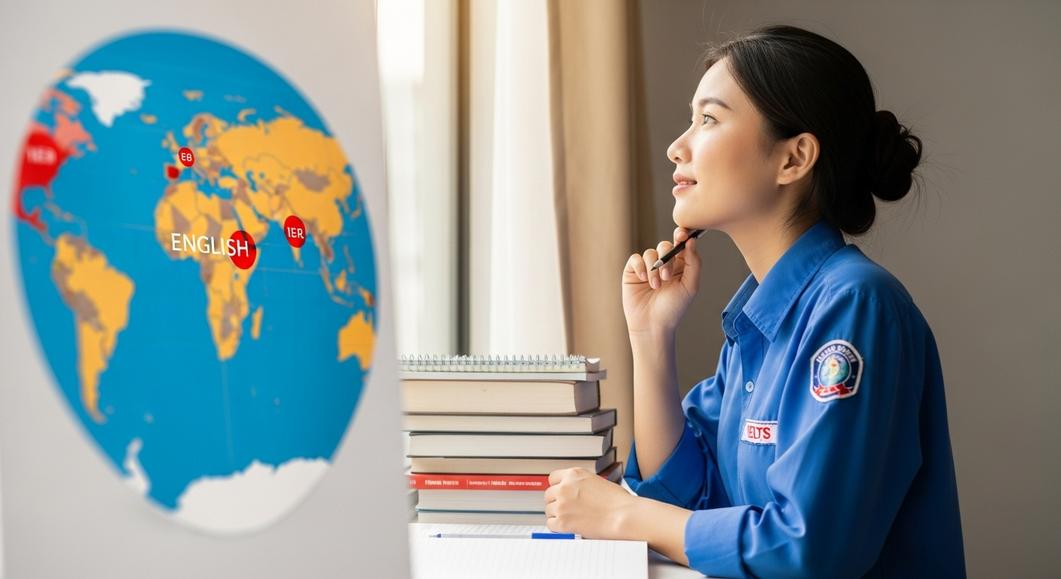 Cô gái châu Á tư duy về IELTS và Cambridge, bản đồ thế giới