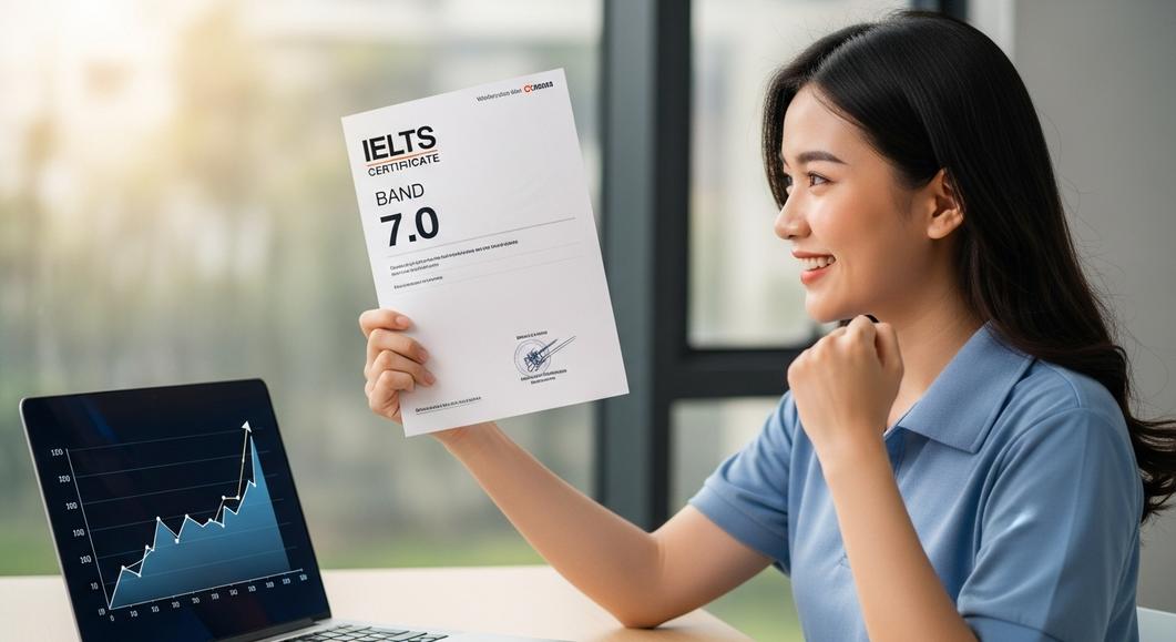 Cô gái châu Á vui vẻ khoe chứng chỉ IELTS đạt band 7.0