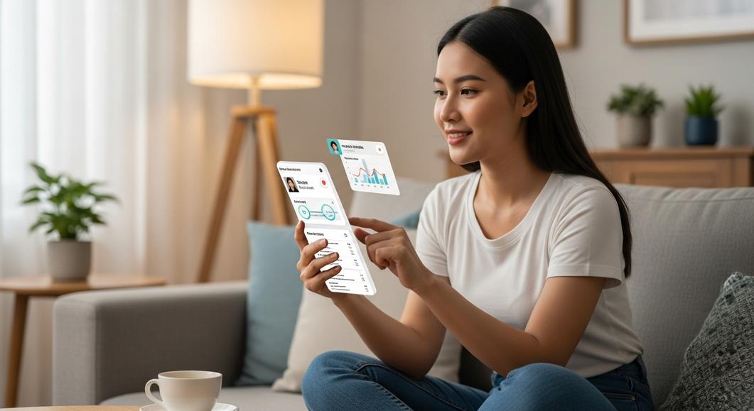 Cô gái dùng ứng dụng quản lý hồ sơ sức khỏe điện tử tại nhà.