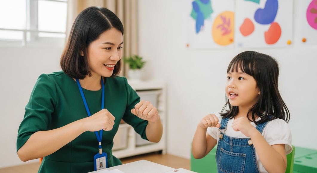 Cô giáo và bé gái đang học phát âm trong lớp học tiếng Anh