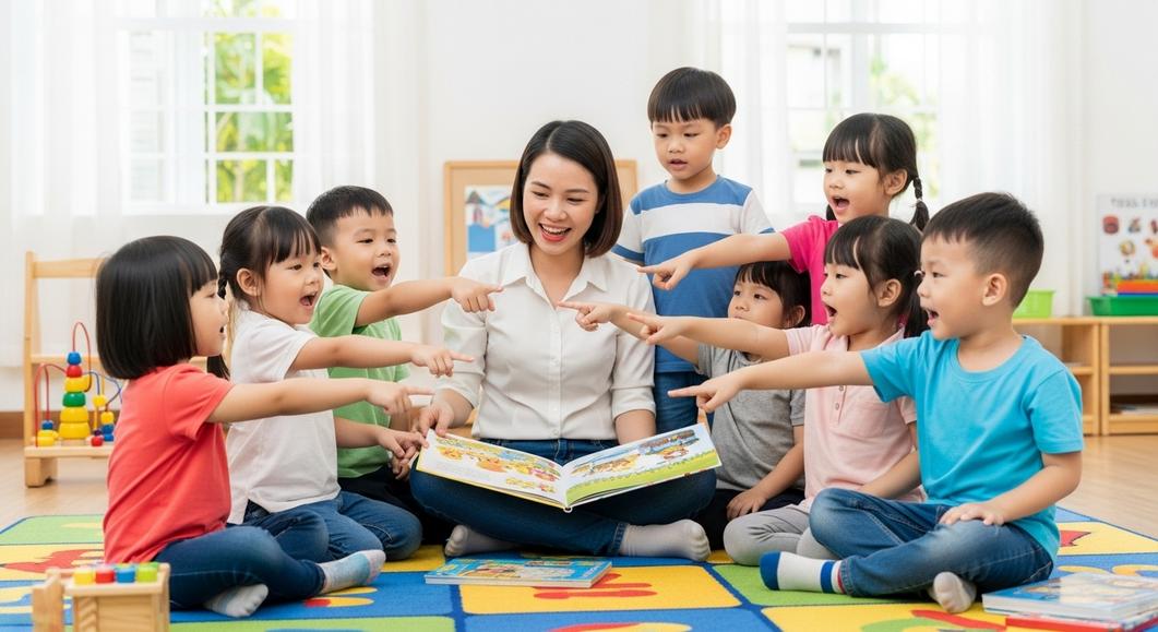 Cô giáo và các bé mầm non đang học tiếng Anh trong lớp học VAIC.