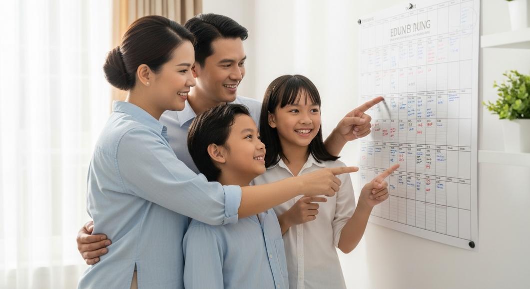 Gia đình 4 người lên kế hoạch thi Cambridge trên lịch. 