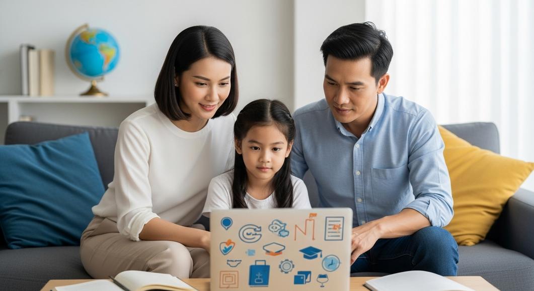 Gia đình ba người xem thông tin chứng chỉ Cambridge trên laptop.