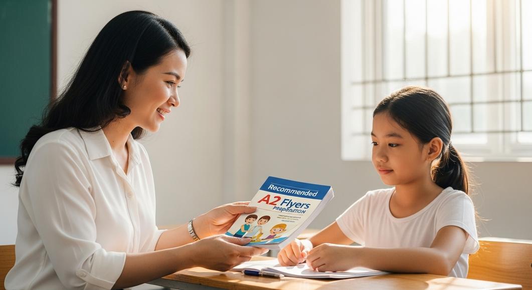 Giáo viên giới thiệu sách luyện thi A2 Flyers cho học sinh.