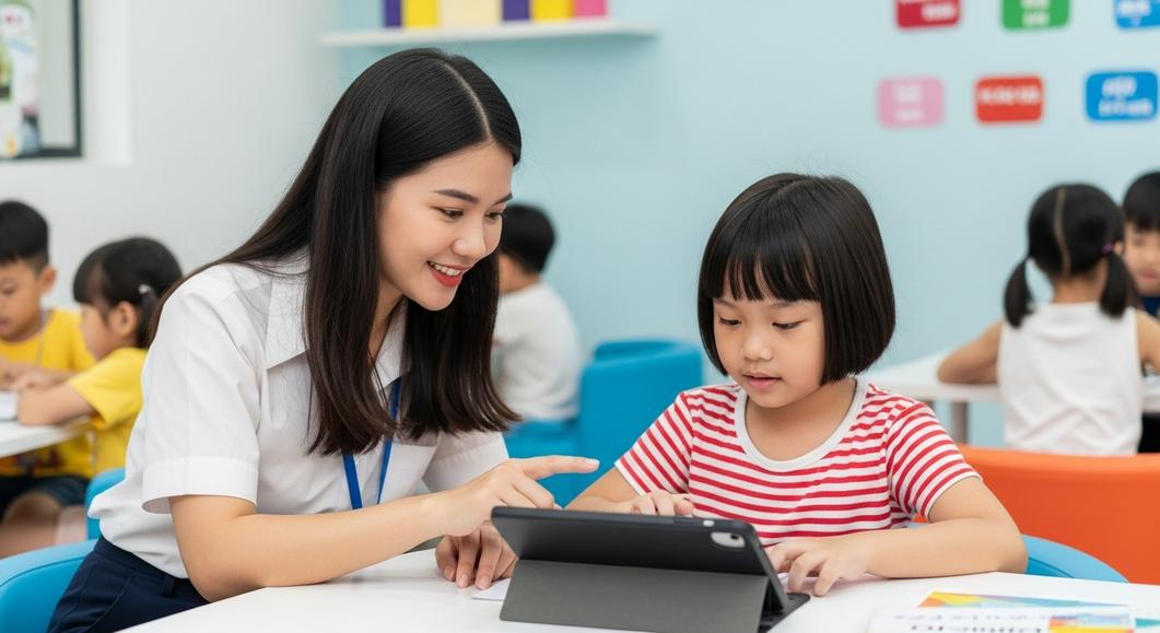 Cô giáo và bé mầm non học tiếng Anh qua máy tính bảng.