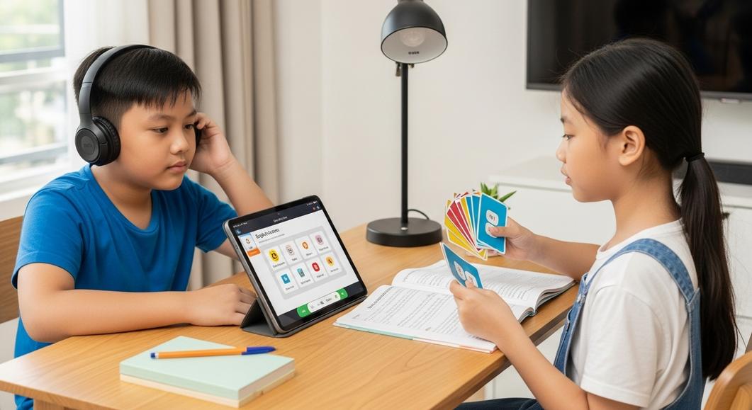 Hai bạn nhỏ học từ vựng Flyers trên tablet và flashcard