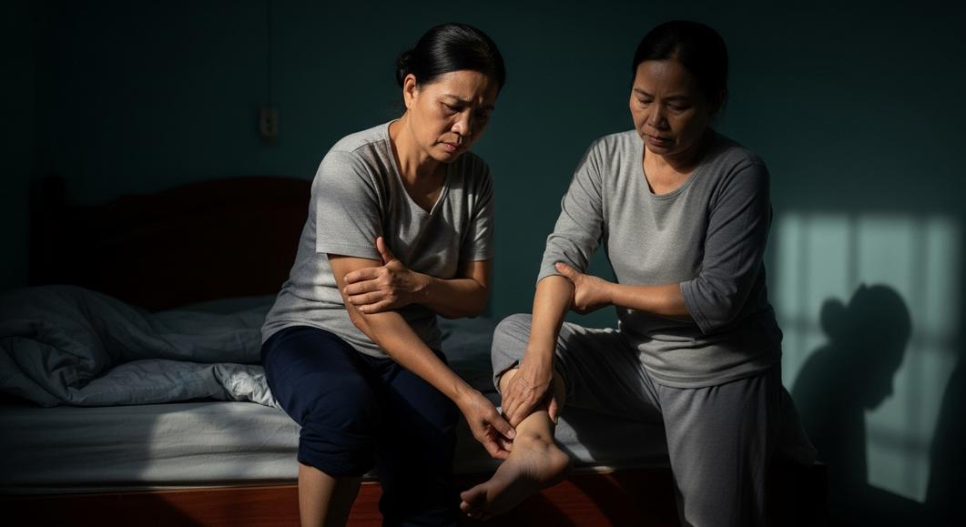 Hai phụ nữ trung niên với vẻ mặt đau đớn, có thể do viêm điểm bám gân
