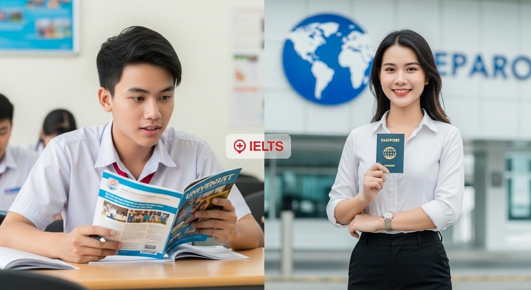 Học sinh đọc tài liệu IELTS và cô gái cầm hộ chiếu tươi tắn