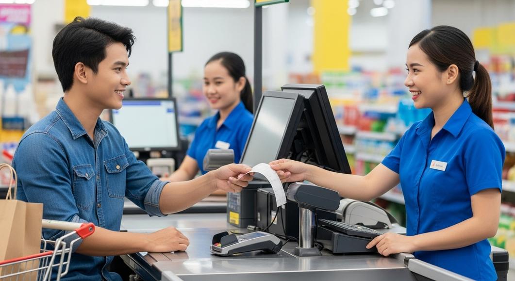Khách hàng nhận hóa đơn từ thu ngân tại quầy thanh toán siêu thị