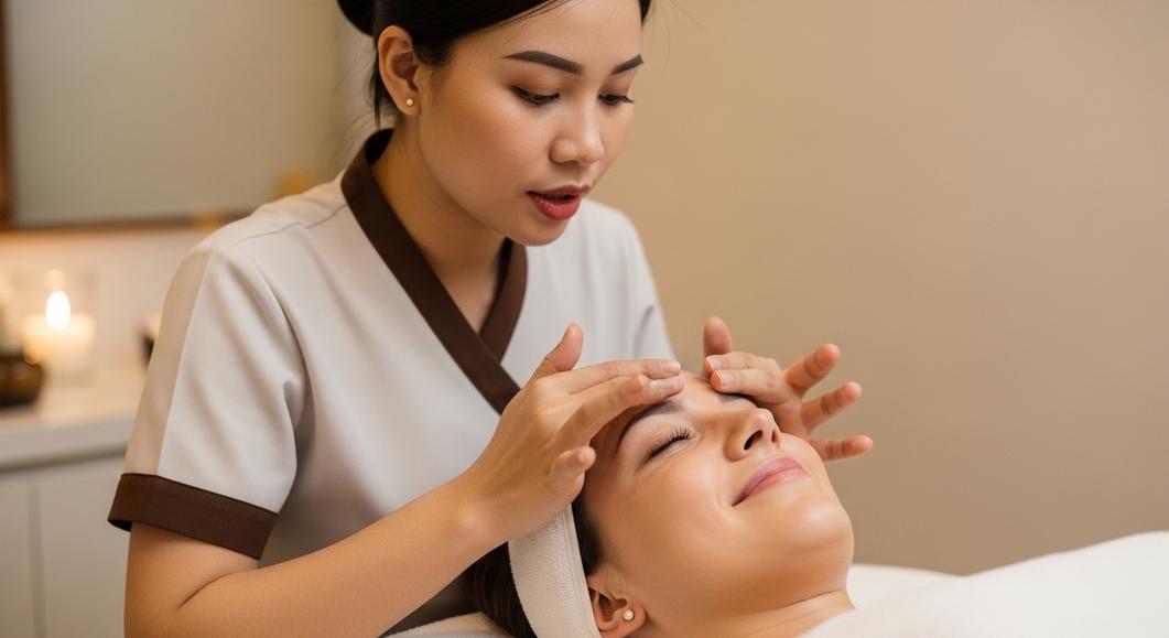 Kỹ thuật viên spa massage mặt cho khách hàng thư giãn