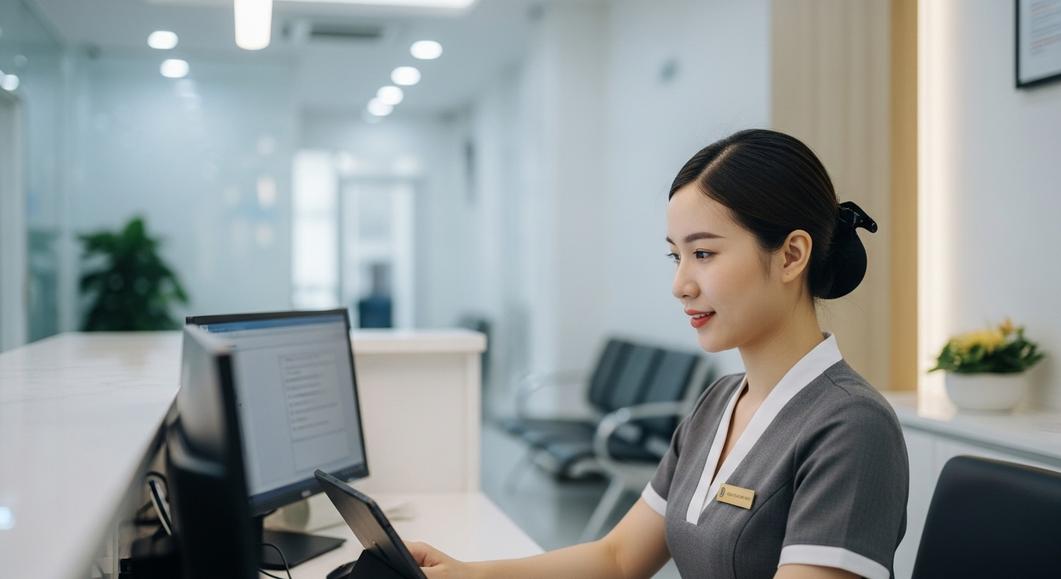 Lễ tân phòng khám tư vấn phần mềm quản lý trên máy tính.