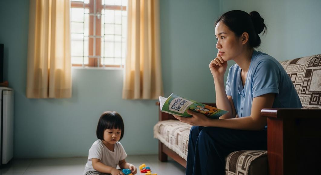 Mẹ đọc sách, bé chơi đồ chơi trong phòng