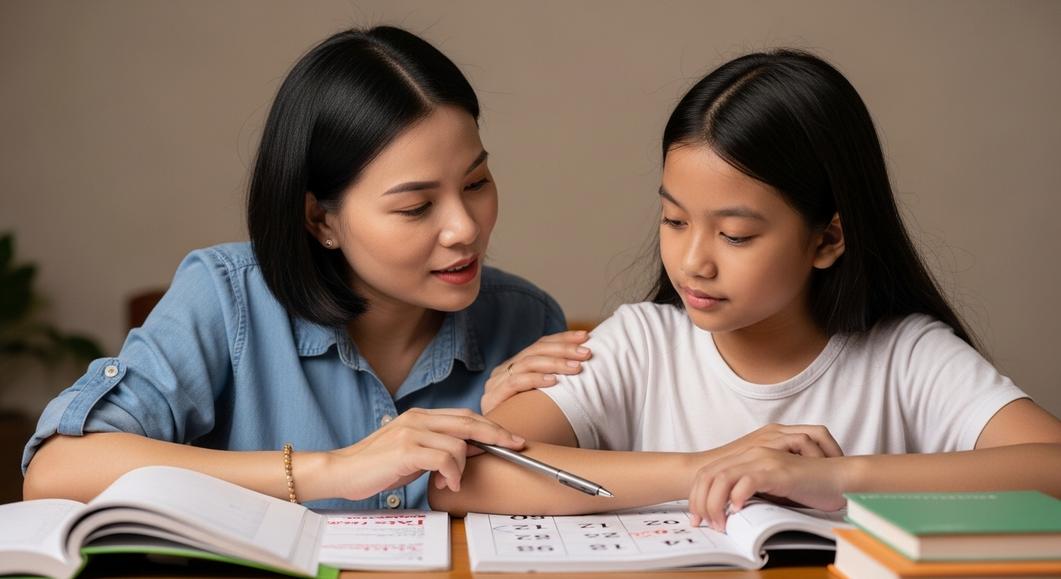 Mẹ hướng dẫn con gái chuẩn bị đăng ký thi Cambridge Flyers
