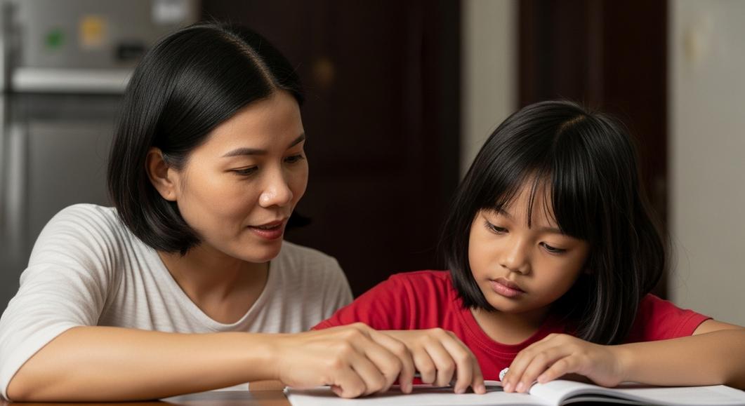 Mẹ hướng dẫn con gái học tiếng Anh tại nhà, tập trung đọc sách