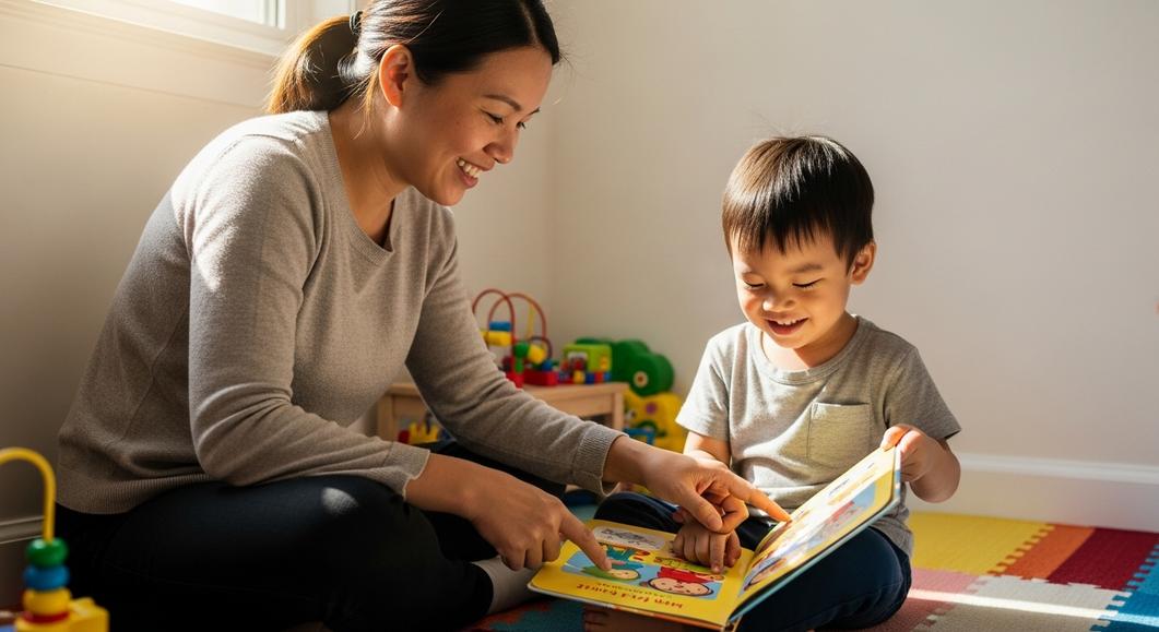 Mẹ và bé trai cùng đọc sách trong phòng sáng sủa.